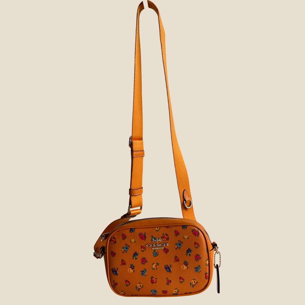 Coach Mini Jamie Camera Bag Orange Floral Pebbled Leather Crossbody Excellent
